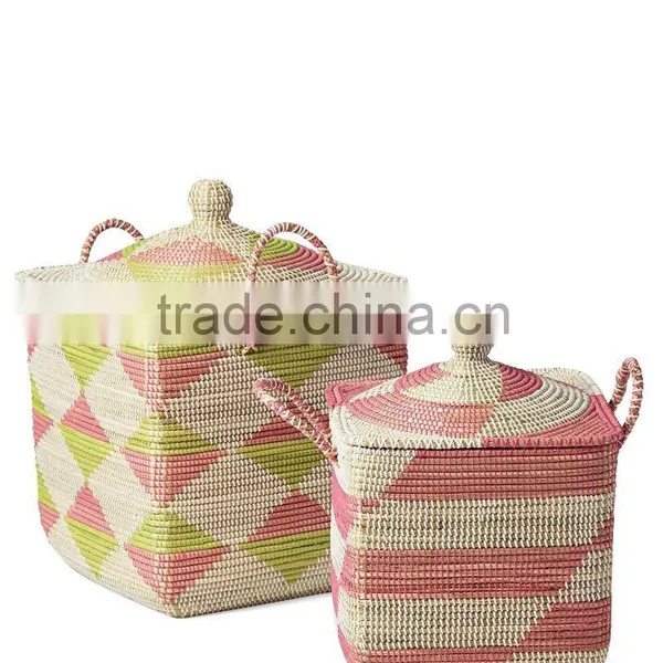 High Quality Best Selling Eco-friendly Set of 2 Square Handwoven Seagrass Basket-pink & Natural Color From Vietnam