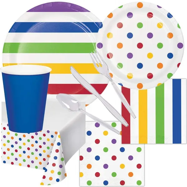 Ningbo PartyKing Colorful Plastic Free Disposable Dinnerware in Display Box for 40 Guests, 280 Pieces Set of Color Printed Paper Plates, Cups, Napkins