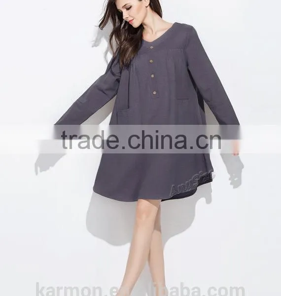 Sunflower Coconut Shell Buttons Casual Linen Dress Plus Size Dress photo-2