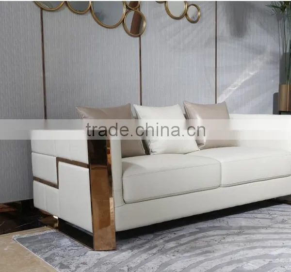 Special Design Italian Stainless Steel Sofa Set With Leather Upholstery, Metal Sofa Covered With Genuine Leather(MOQ=1 SET) photo-2