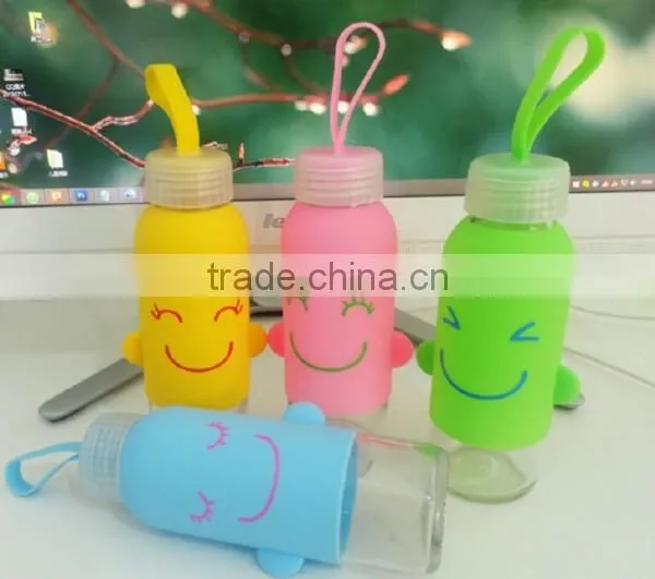 X008 Portable 300ML Glass Bottle Student Bottle With Silicone Sleeve Smile Water Sport Bottle photo-3