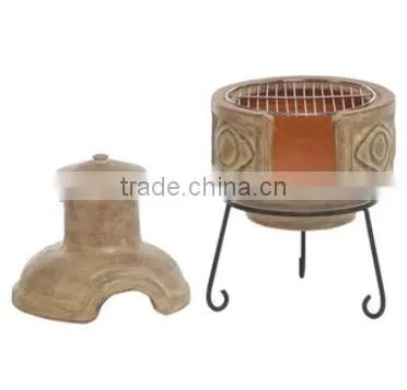 Clay Chimeneas Fire Pit With BBQ Grill and Metal Stand