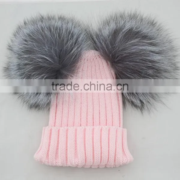Myfur Bright Orange Wool Beanie With Detachable Double Real Silver Fox Fur Pompoms photo-5