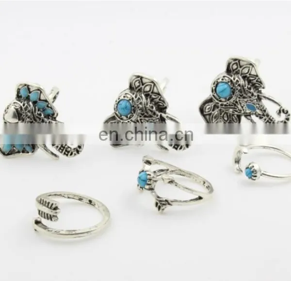 Antique Silver Elephant Design Statement 6 Rings Set photo-3