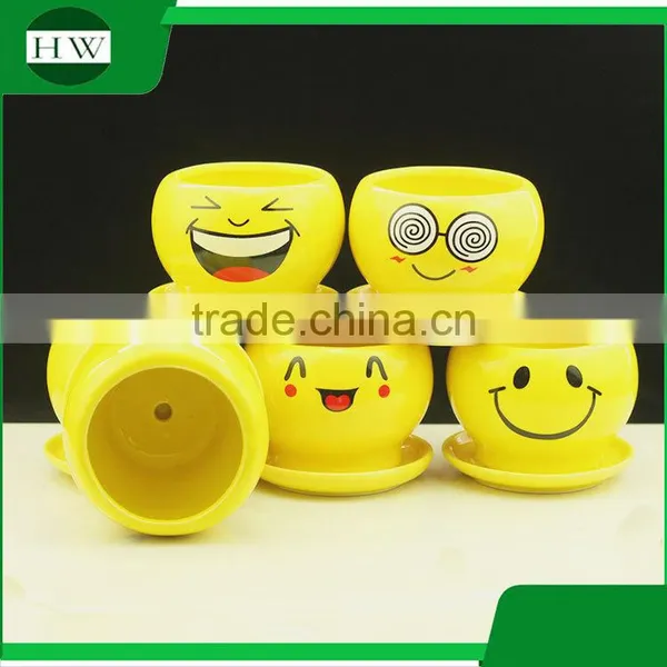 Wholesale Cheap Mini Yellow Round Cup Shape Handwork Decoration Smiling Face Cement Garden Flower Pot photo-3