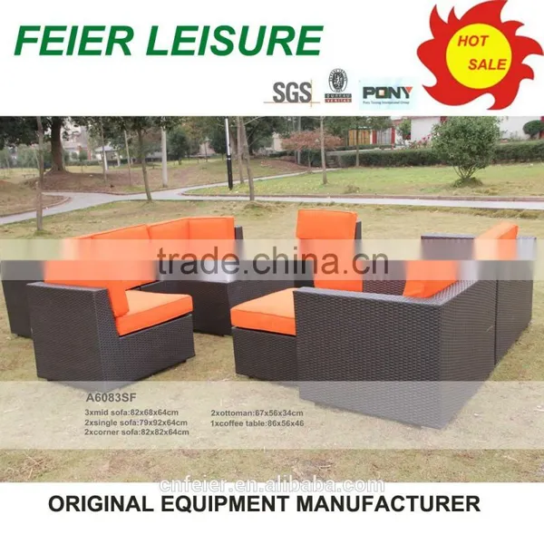 Modern Black Outdoor Rattan Sofa With Orange Cushions