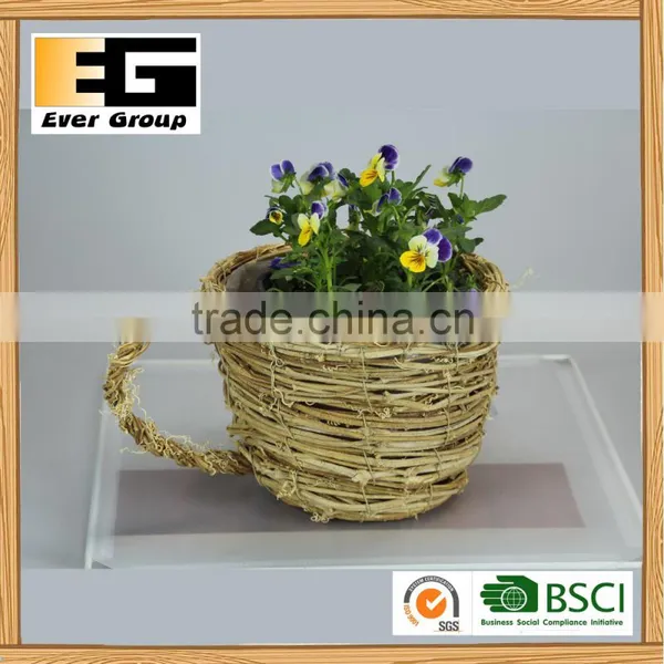 Natural Rattan Coffee Cup Shape Garden Planter Flower Pot photo-3