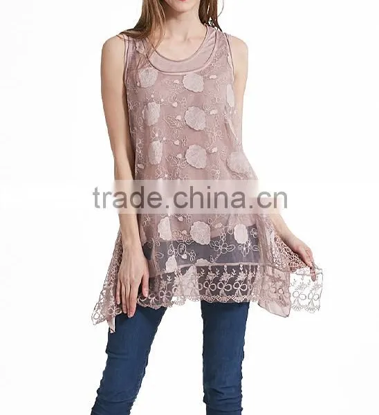 Pink Sheer Floral Lace Layered Sleeveless Tunic Shirts Office Wear for Women photo-3