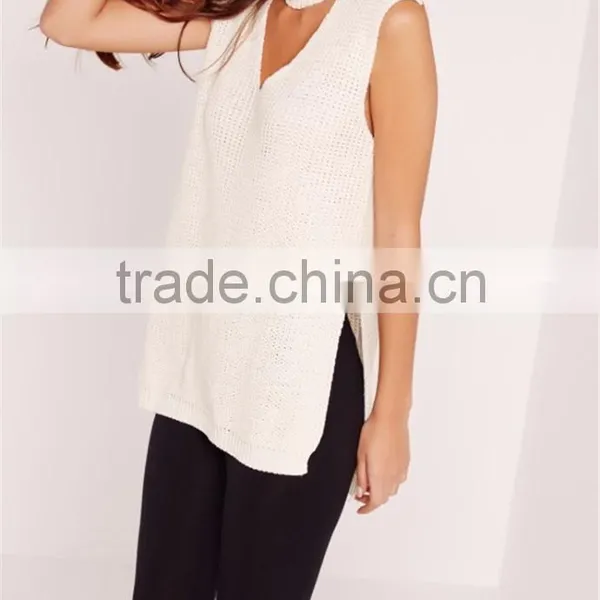 Plain White Women Knitwear With Split Hem Cut Out Front Ladies Sweater Choker Neck Chunky Tunic Cream photo-4