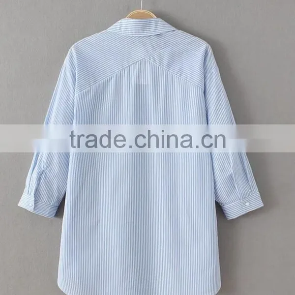 Runwaylover EY2326B 2017 Latest Blouse Design Women's Blue Striped Cold Shoulder Tie Sleeve Shirt photo-3