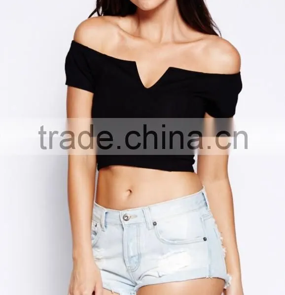 Latest off Shoulder Women Crop Top Wholesale Black Plain Crop Tops photo-2