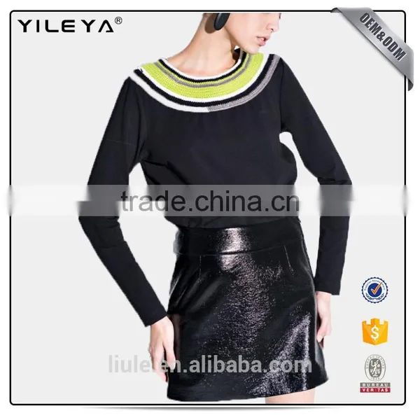 Women Fashion Black Casual T-shirts With Colorful Neckline Design photo-2