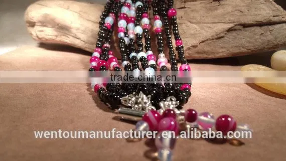 Black Glass Beads Moonstone and Pink Stripped Agate Bracelet photo-4