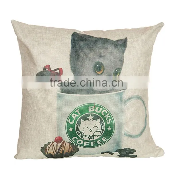 2016 Hot Sale 100% Polyester Home Decorative Cat Printing Linen Cheap Cushion Cover photo-4