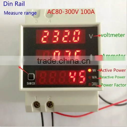 Din Rail LED AC 200-450V 0-100A Display Voltmeter Ammeter With Active and Reactive Power and Power Factor 5 in 1 Combo Meter photo-2