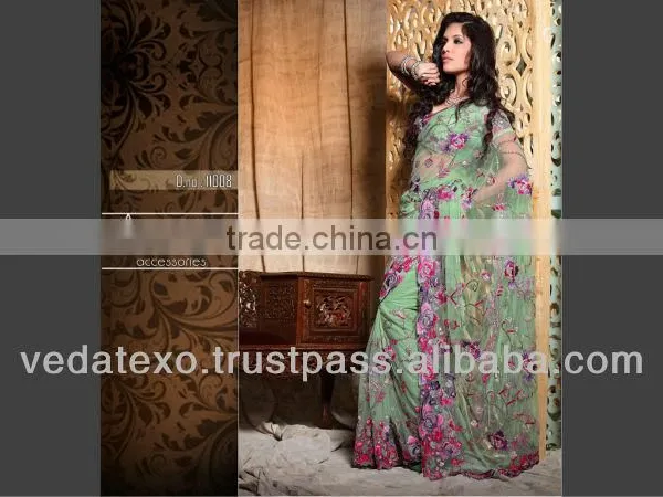 Green Net Embroidery Saree