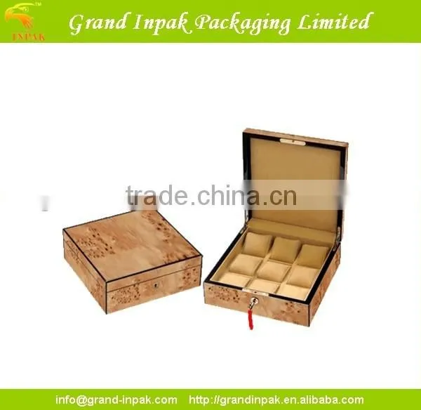 Elm Burl Wooden Watch Display Case for 8 With Lock