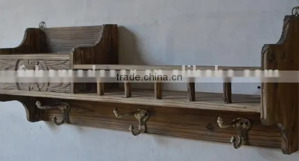 Antique Wood Wall Towel Rack Cabinet With Metal Hangers photo-2