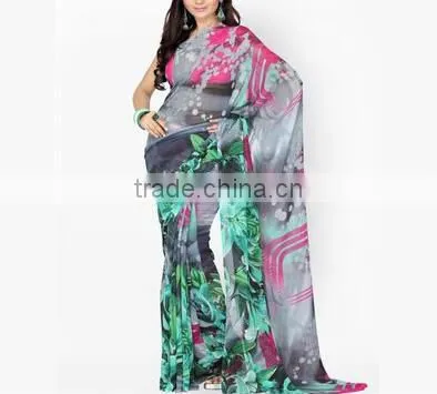 2016 Indian Traditional Saree Print Series Chiffon Long Irregular Women Dress photo-5