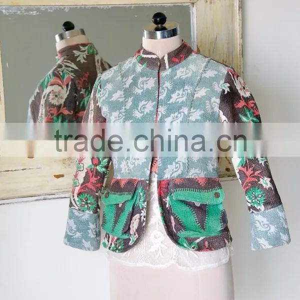 Vintage Kantha Jacket in Dirty Green & Brown ~ Small photo-2