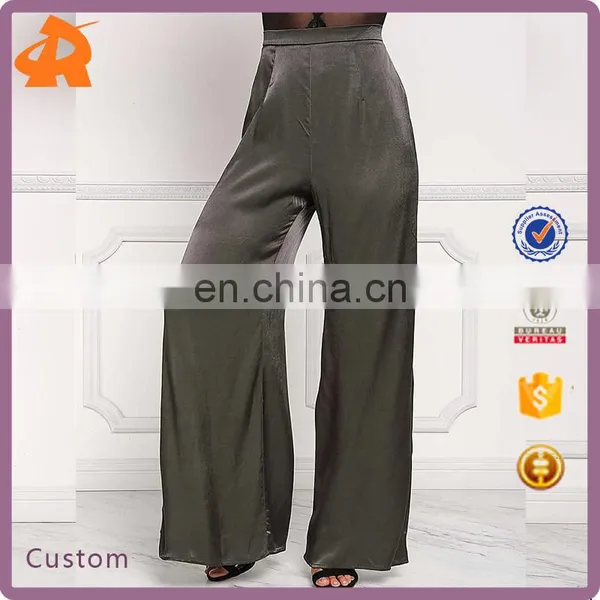 China Product Hot Sale Dark Olive Silky Side Slit Slacks women Long Maxi Pants