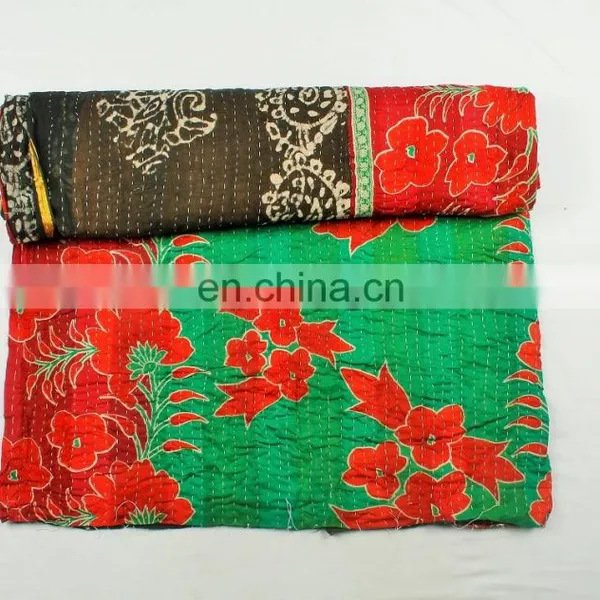 Vintage Kantha Quilts Reversible Floral Throw Blanket Indian Handmade Wholesale Vintage Kantha Quilts