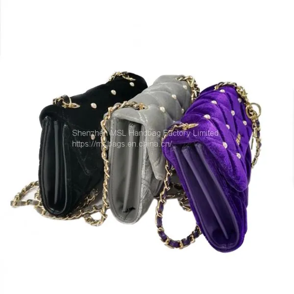 Global Market Deluxe Velvet Quilt Design Pearls Decorated Women Cross Body Bag With Long Chain Strap
