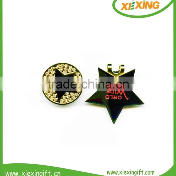 2014 custom fashion metal five star shaped crystal golf ball marker hat clip