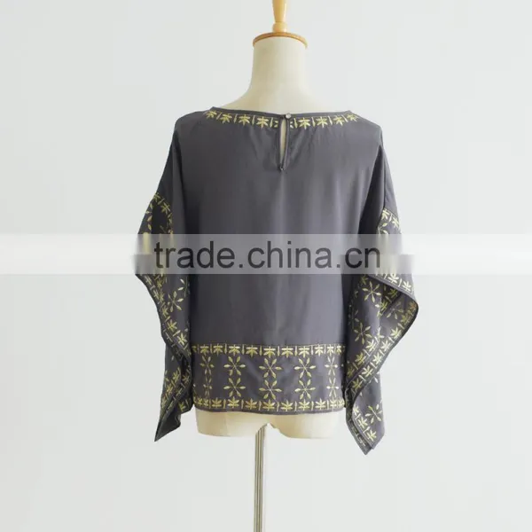 Kaftan Style Dolman Sleeve Metallic Yarn Embroider Short Silk Blouse photo-3
