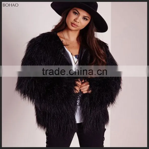 2015 New Fashion High Quality Long-haired Imitation Wool Women Winter Black Faux Fur Long Coat photo-2
