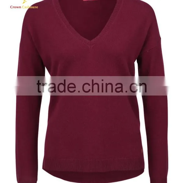 Women Red V Neck Cashmere Sweater Tops photo-4