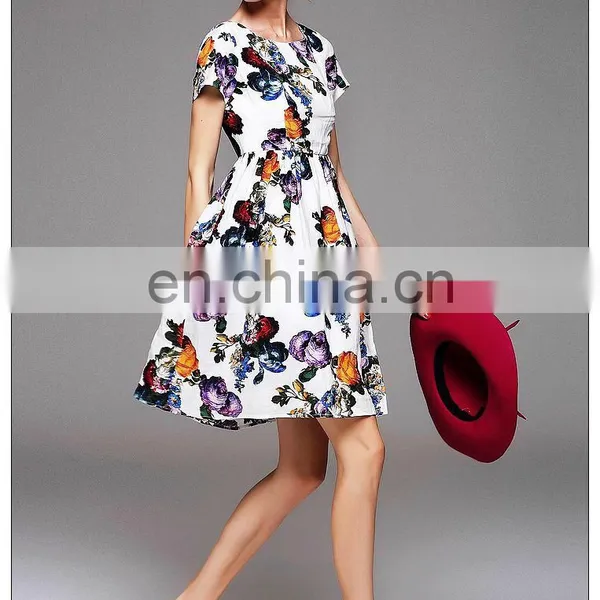Ladies High Quality Short Sleeve Trendy Dress With Gathtering Waist Pretty Print Dress Fashion photo-2