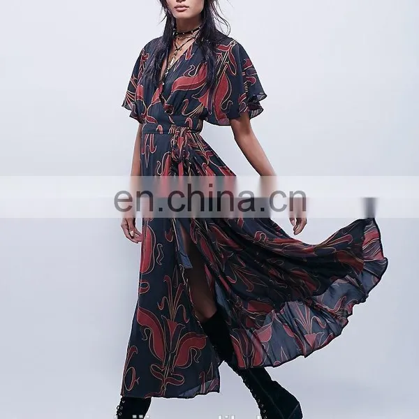High Quality Deep v Neck Maxi Wrap Dress Lady, Long Print Wrap Dress photo-5