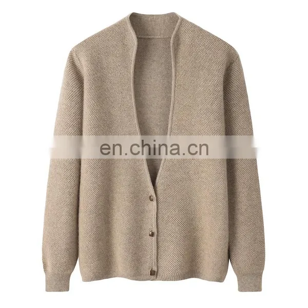 Women's Latest Design Deep V Neck Single Breasted Thick Jacquard Knitted Cashmere Sweater Casual Style for Winter photo-4