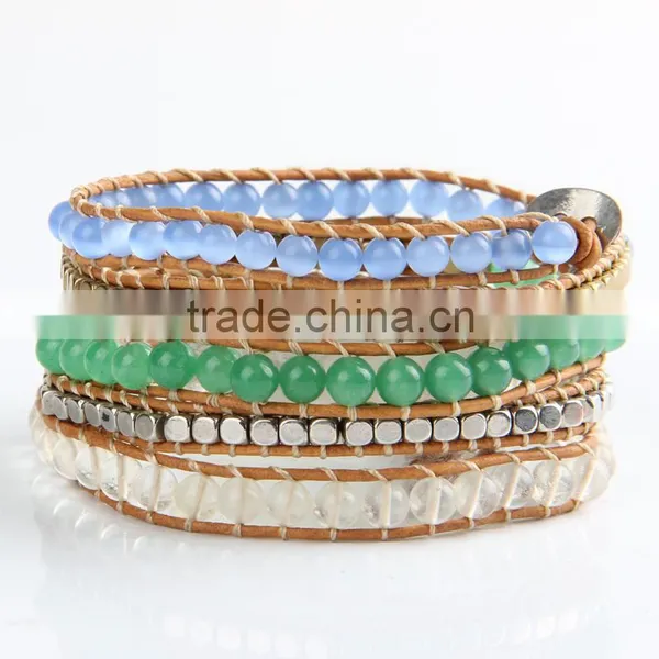 Leather Cord Glass Beads 5 Loops Bracelets, With Acrylic Beads and Stainless Steel Clasps photo-2
