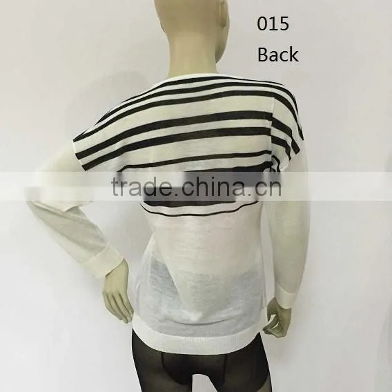 2016 Spring/Summer 60% Linen 40% Viscose Crew Neck Long Sleeve With Stripe Pullover Sweater
