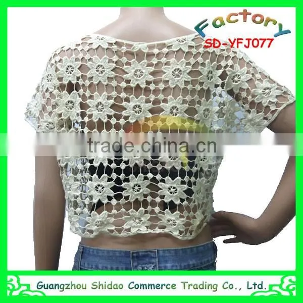 Fashional Lady Machine Made Short Sleeves Embroidery Cotton Water Soluble Lace Blouse photo-3