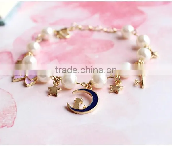 Gold Cat Moon Star Enamel Bowknot Heart Shape Key Charms Bracelet Pearl Bead Linked Bracelet photo-4