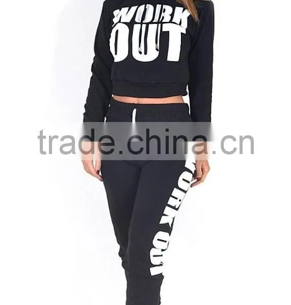 NEW LADIES WORK OUT SLOGAN TRACKSUIT CROP HOODIE JOGGERS SET GYM SUIT photo-2