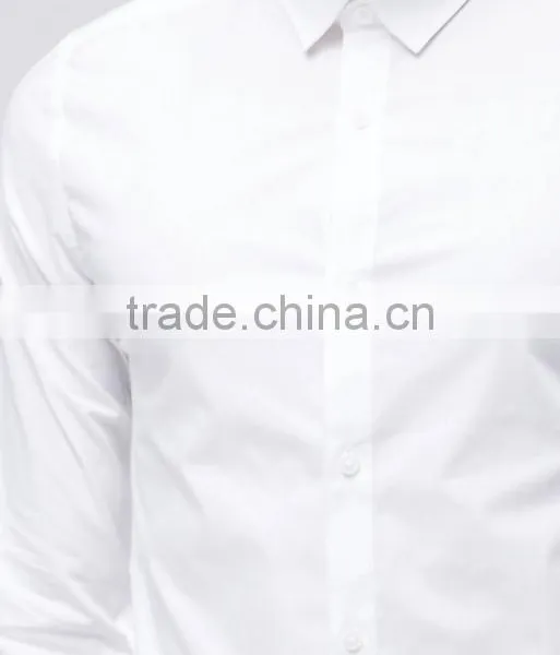 Guangzhou High Quality Custom Long Sleeve Spread Collar Chest Pocket Mens Cotton Elastane Casual Skinny Fit White Solid Shirts photo-3