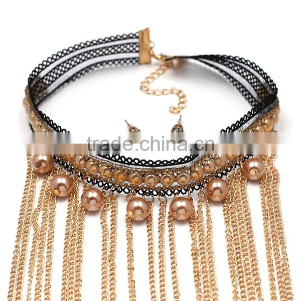 Fashion New Design Black Lace With Champagne Color Pearls Pendant Chain Tassel Choker Necklaces photo-4