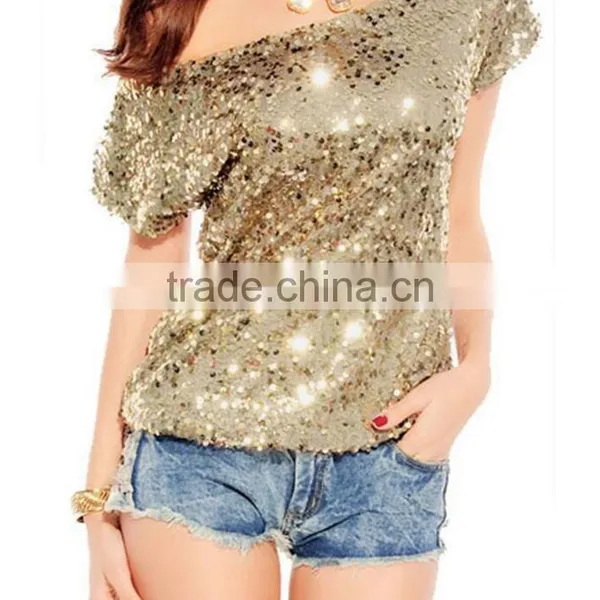 Women's Sexy Oblique Shoulder Bat Sleeve Sequin T-shirt Women's Shirt photo-2