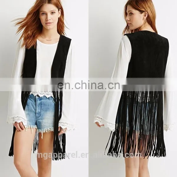 Fashion Fully Lined Black Ladies Suede Leather Vest With Longline Fringe