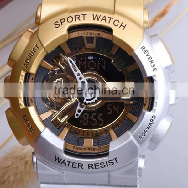 Sanda Men's Teens Sports Watch Water Shock Resist Dual Time Analog Digital LED Light Wristwatch - Gold/Silver photo-2
