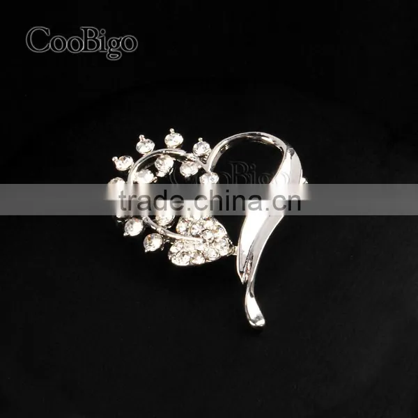 Fashion Jewelry Rhinestone Silver Leaves Heart Brooch Lady Girls Dresses Hijab Scarf Party Gift Apparel Promotion Accessories photo-2
