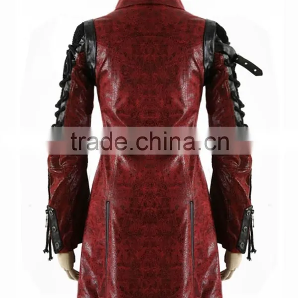 Mens Red Black Faux Leather Goth Steampunk Military Coat photo-3