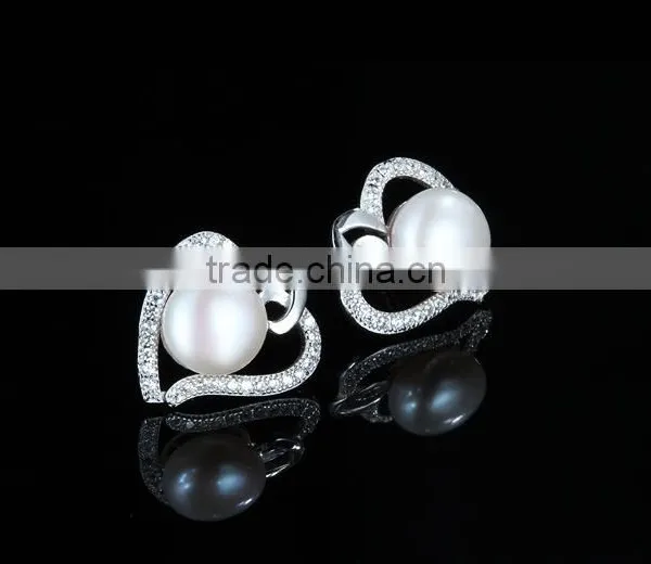 925 Sterling Silver Heart Shaped and White Pearl Bar Setting Ear Studs photo-2