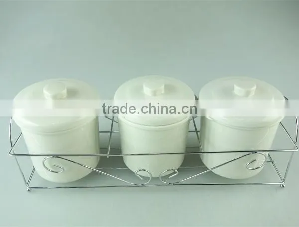 Hot Sale Samll Round White Ceramic Soup Tureen With Lid , Stock Cheap Ceramic Tureen ,3 Pcs Set With Iron Part photo-2