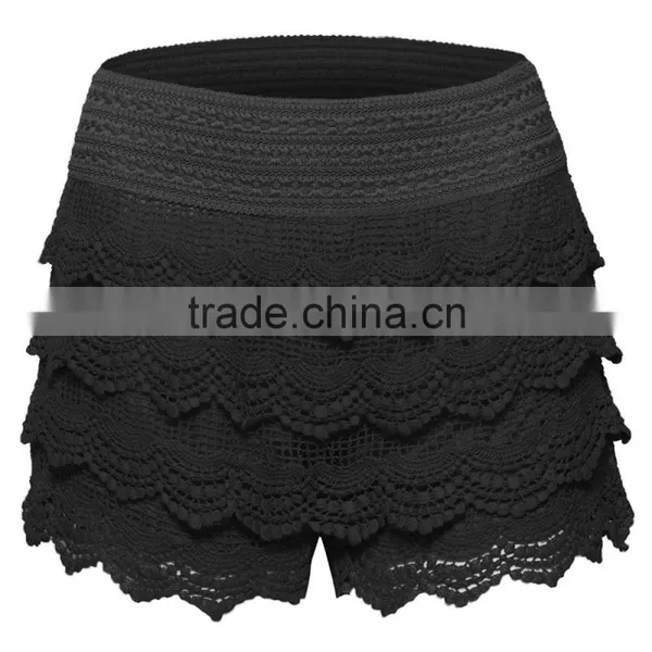 Women's Elastic Waist Lined Crochet Lace Scallop Hem Casual Mini Summer Shorts photo-5