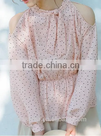 2017 Wholesale Summer Women Tie Neck Cold Shoulder Long Sleeve Print Blouse photo-4